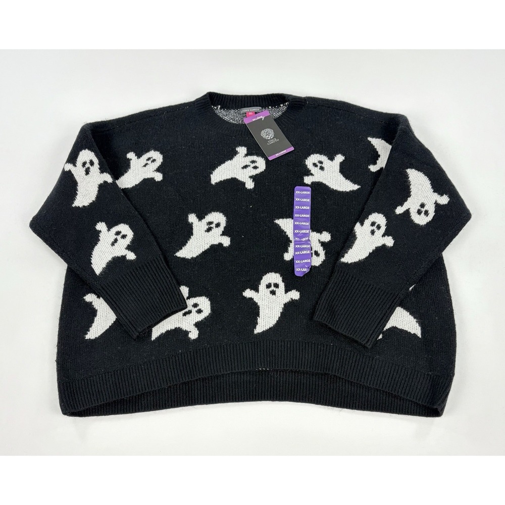 Vince Camuto Women Black White Ghost AOP Halloween Pullover Sweater 2XL NWT